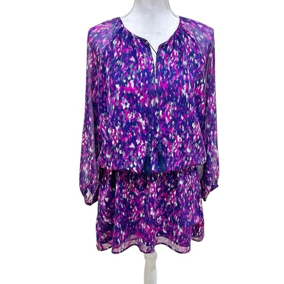 Joie Dresses & Skirts - Joie long sleeve silk mini dress sheer Purple/Pink/navy dress tassel tie small